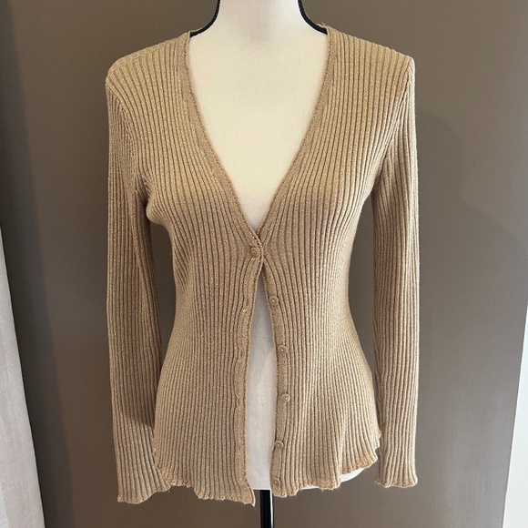 New York & Company Women's Gold Metallic Low Cut Button Cardigan, Size Large - Picture 1 of 9